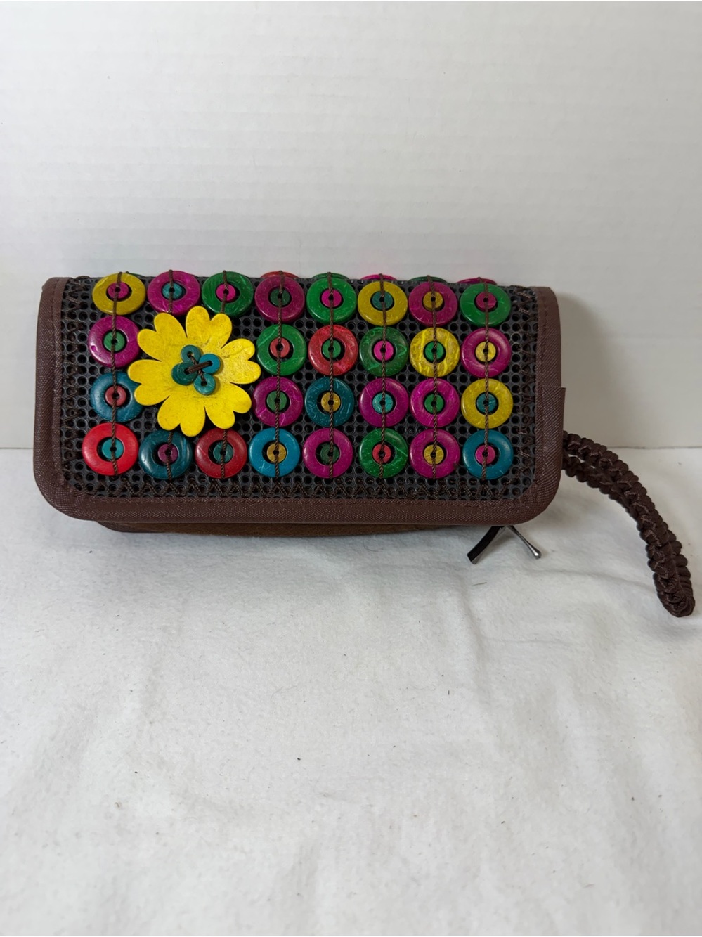 Rainbow Wooden Disc Brown Wristlet Clutch – Floral Boho Festival Bag Multi Color